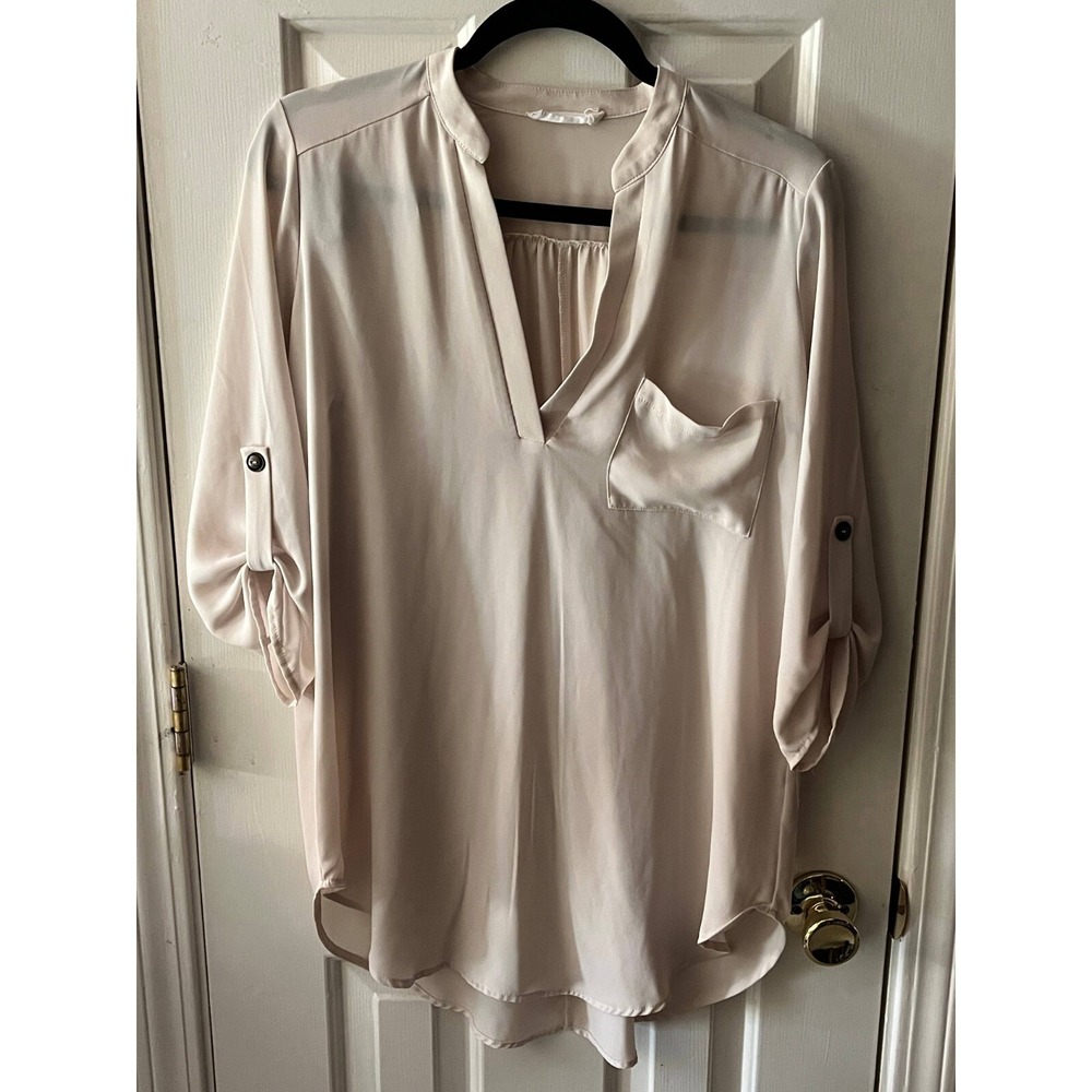 Lush Womens Cream V-Neck Roll Tab Sleeve Tunic Blouse Small